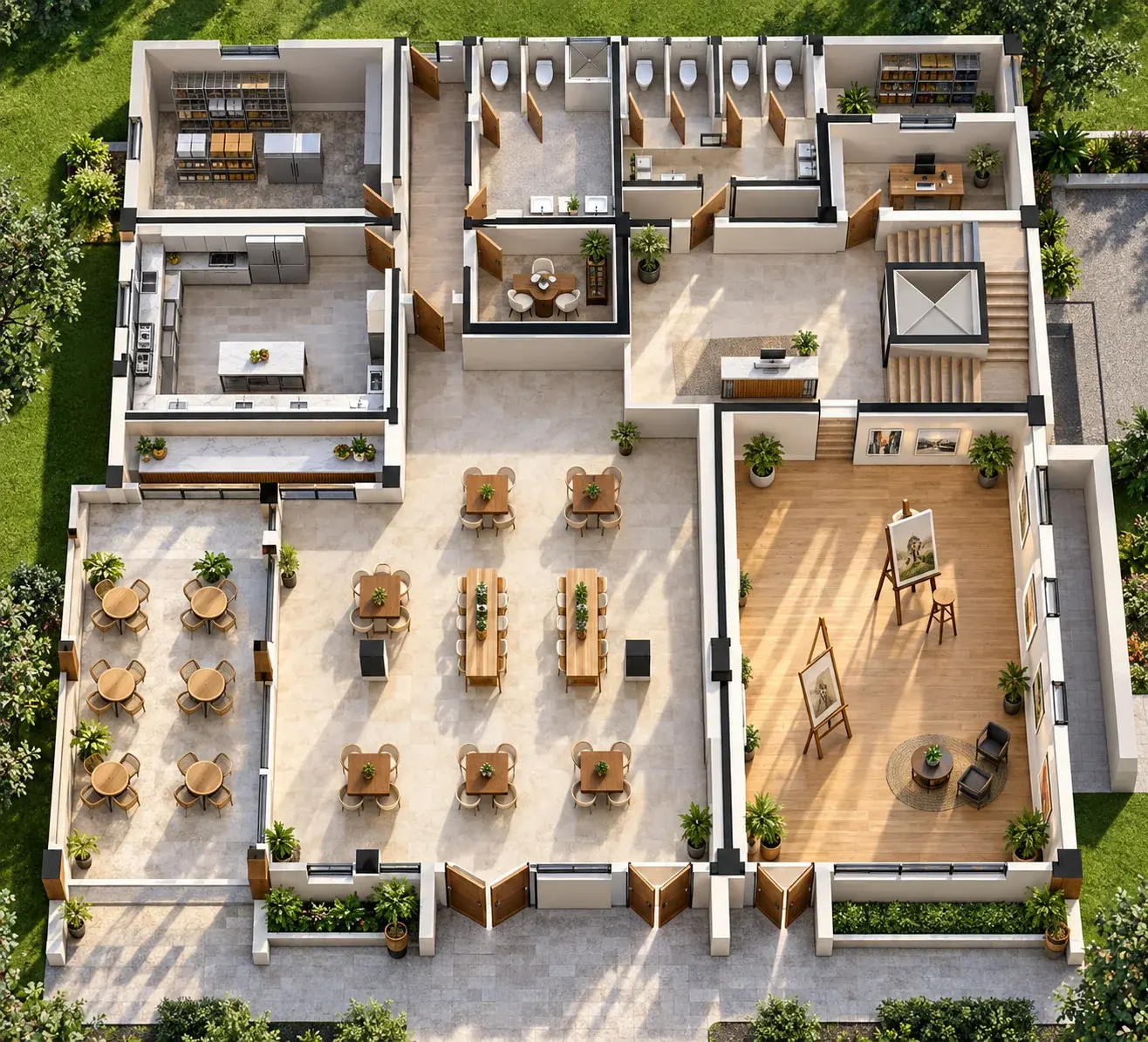 Oura by Bamboo floor plan showing restaurant seating and a creative-space area.