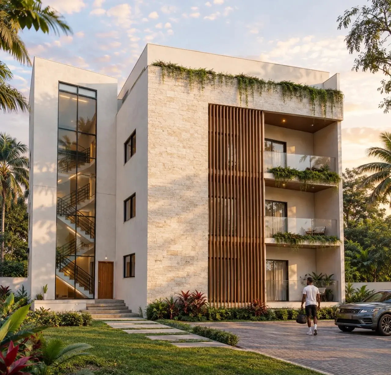 Architectural illustration of 1988 Residences at sunset, with a resident arriving at the landscaped apartments.